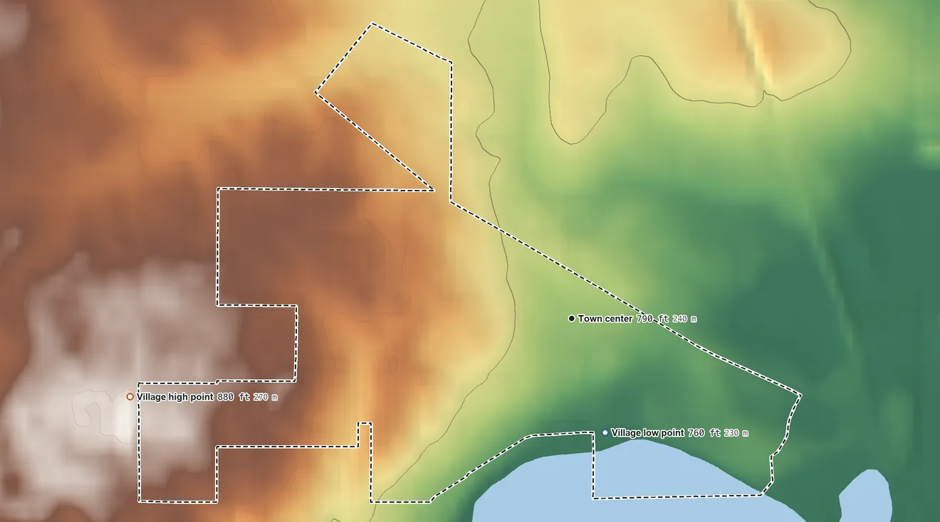 Topographic elevation map of McCullom Lake, Illinois, shaded from 760 ft on the south side to 880 ft on the west side