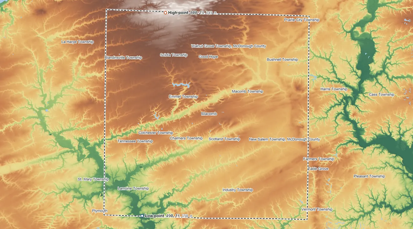 Topographic elevation map of McDonough County, Illinois, shaded from 490 ft on the southwest side to 800 ft on the north side