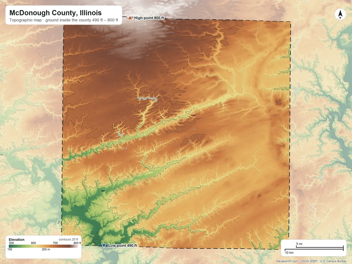 Topographic elevation map of McDonough County, Illinois, shaded from 490 ft on the southwest side to 800 ft on the north side