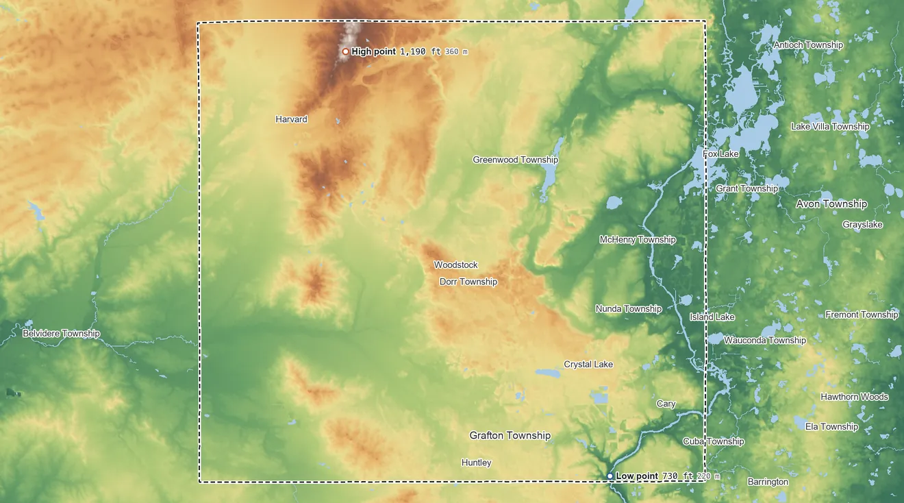 Topographic elevation map of McHenry County, Illinois, shaded from 730 ft on the southeast side to 1,190 ft on the northwest side
