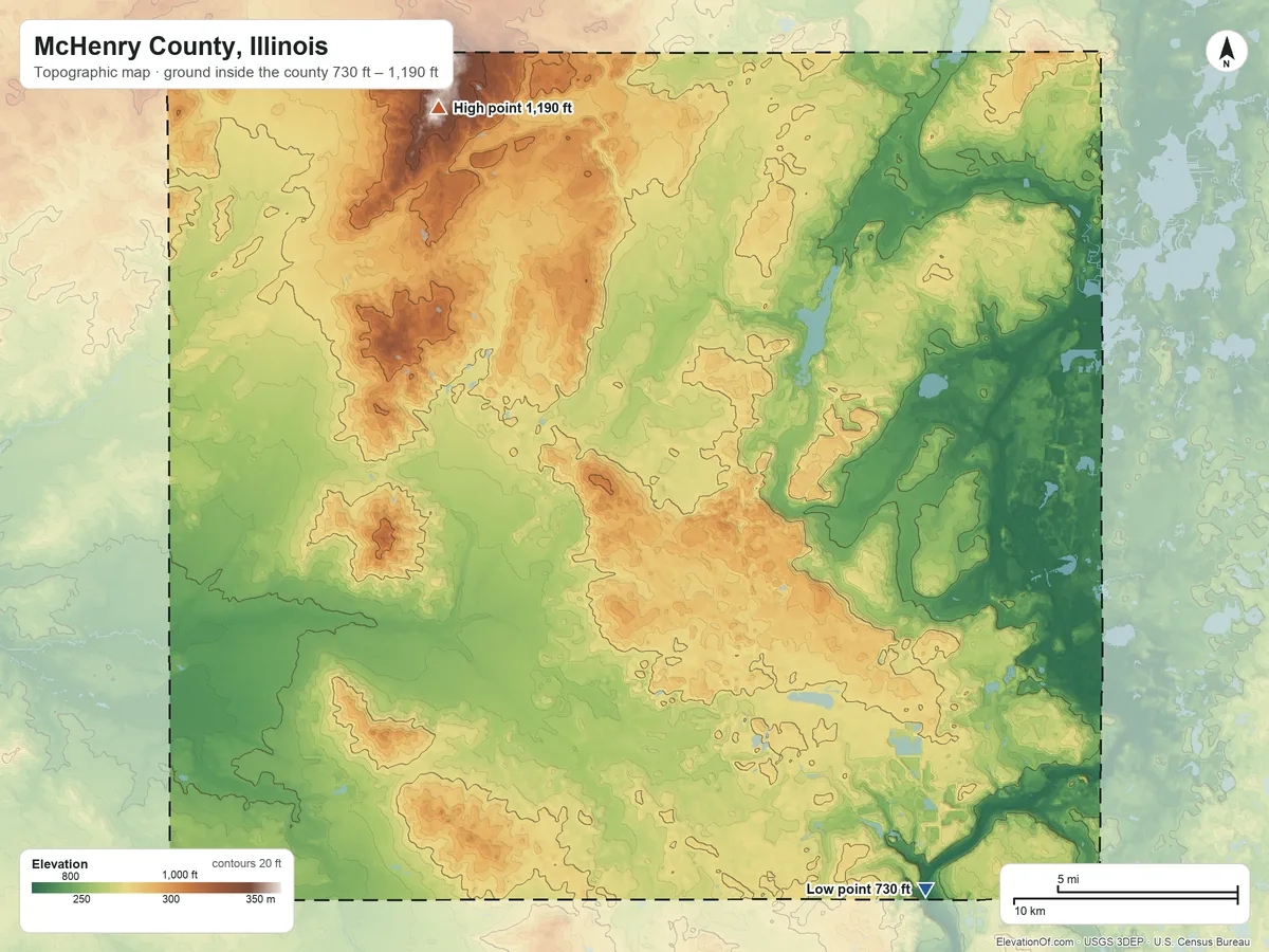 Topographic elevation map of McHenry County, Illinois, shaded from 730 ft on the southeast side to 1,190 ft on the northwest side