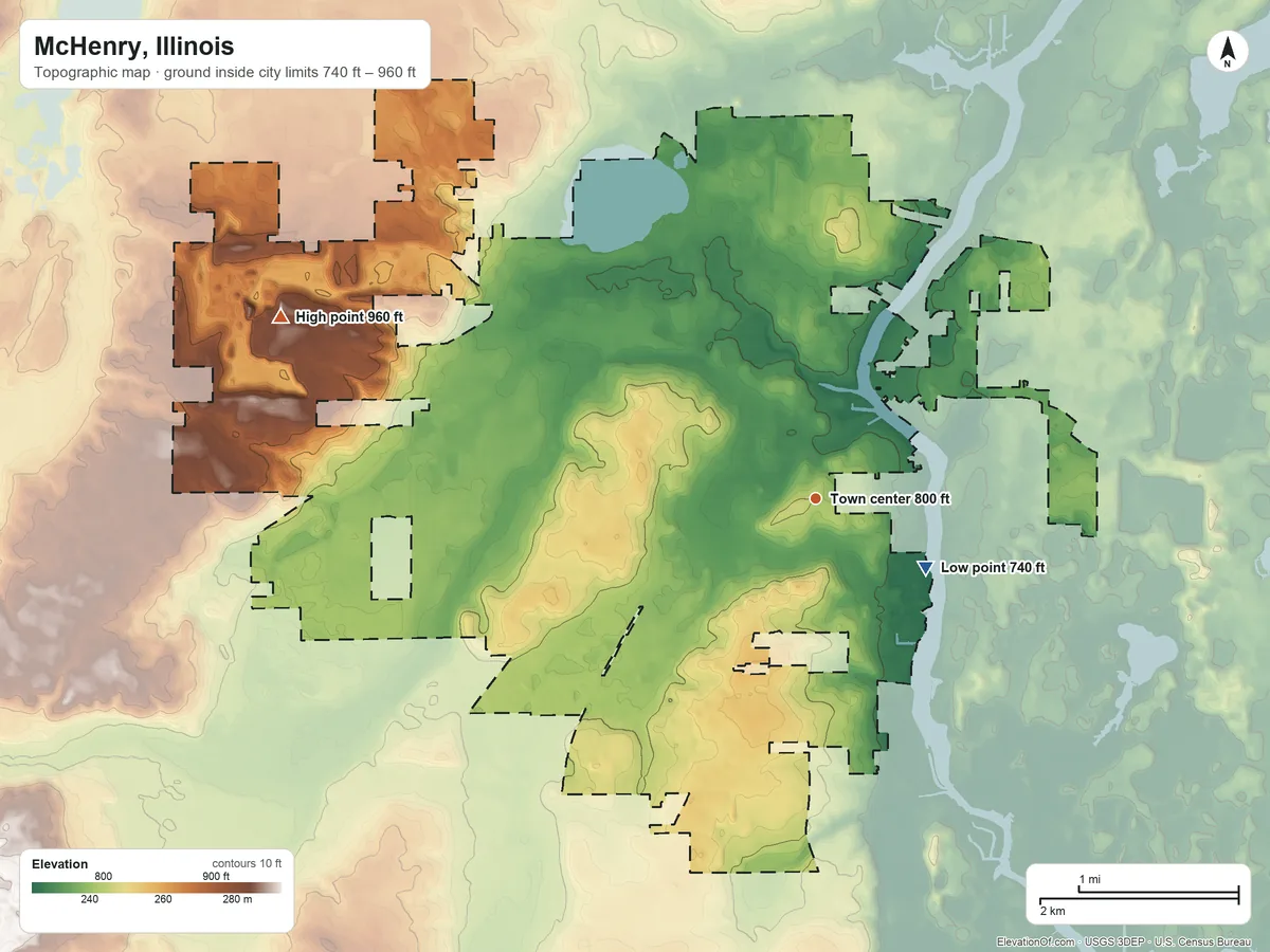 Topographic elevation map of McHenry, Illinois, shaded from 740 ft on the southeast side to 960 ft on the west side
