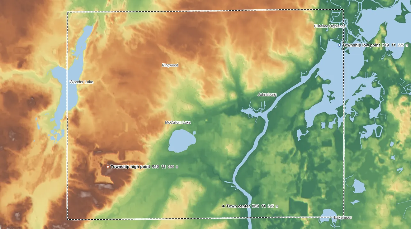 Topographic elevation map of McHenry Township, Illinois, shaded from 740 ft on the northeast side to 960 ft on the west side