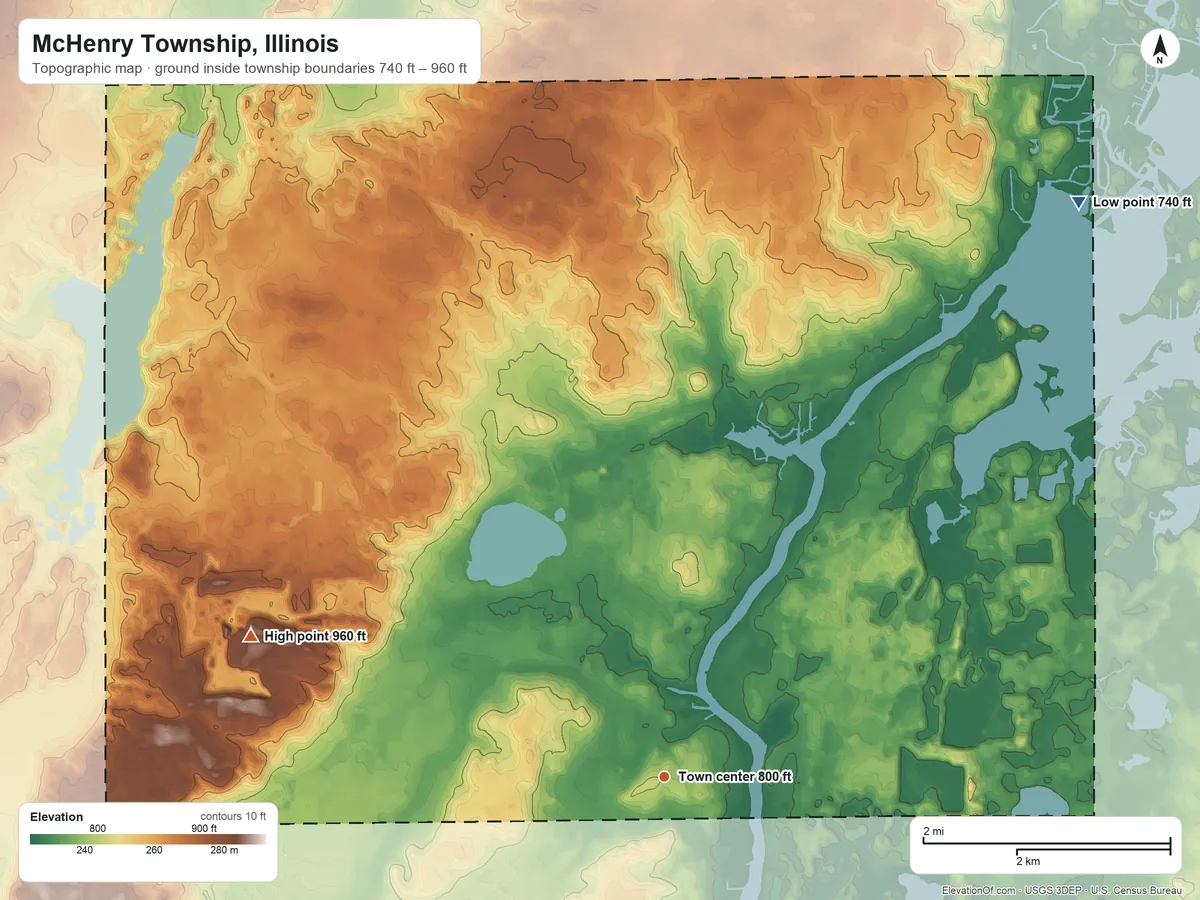 Topographic elevation map of McHenry Township, Illinois, shaded from 740 ft on the northeast side to 960 ft on the west side