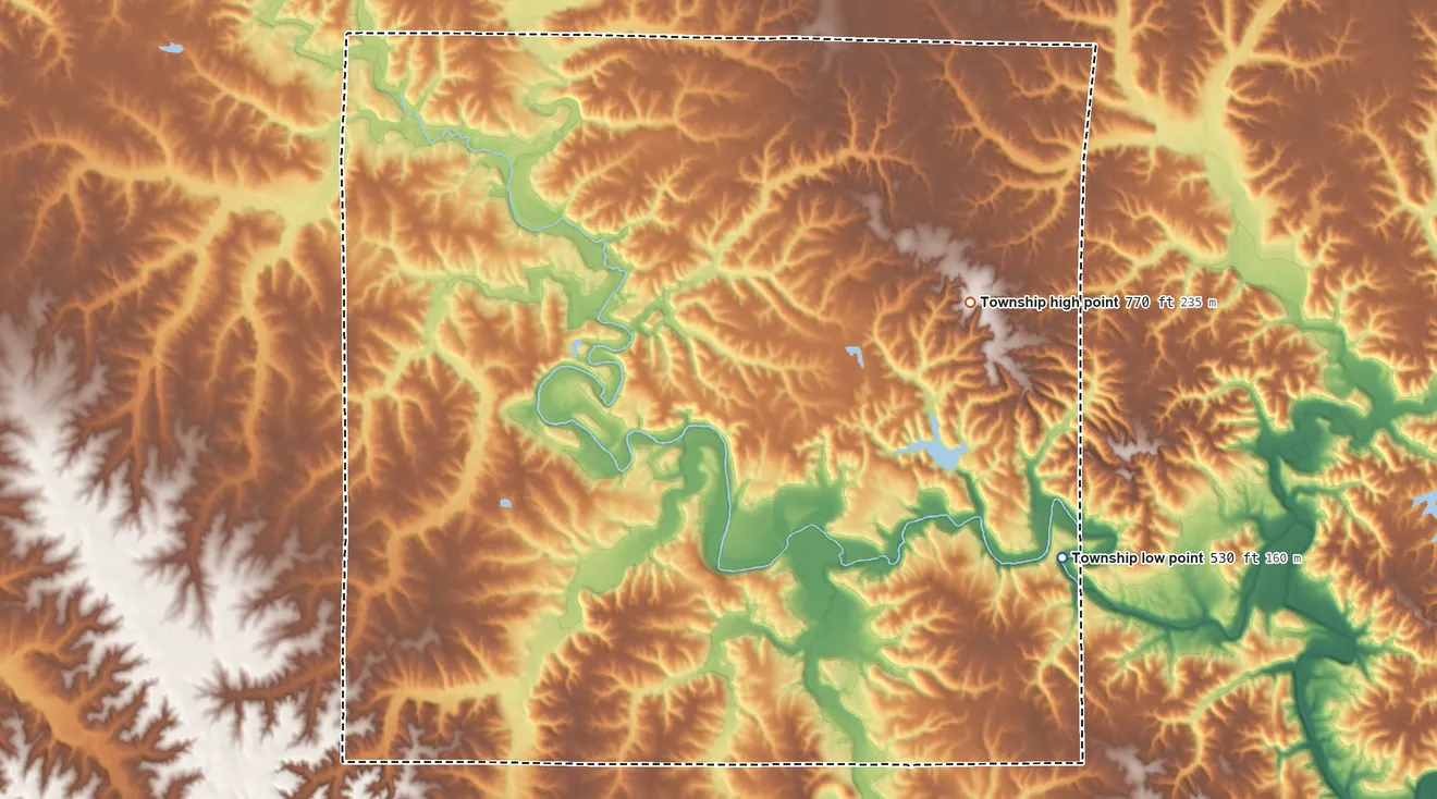 Topographic elevation map of McKee Township, Illinois, shaded from 530 ft on the southeast side to 770 ft on the east side
