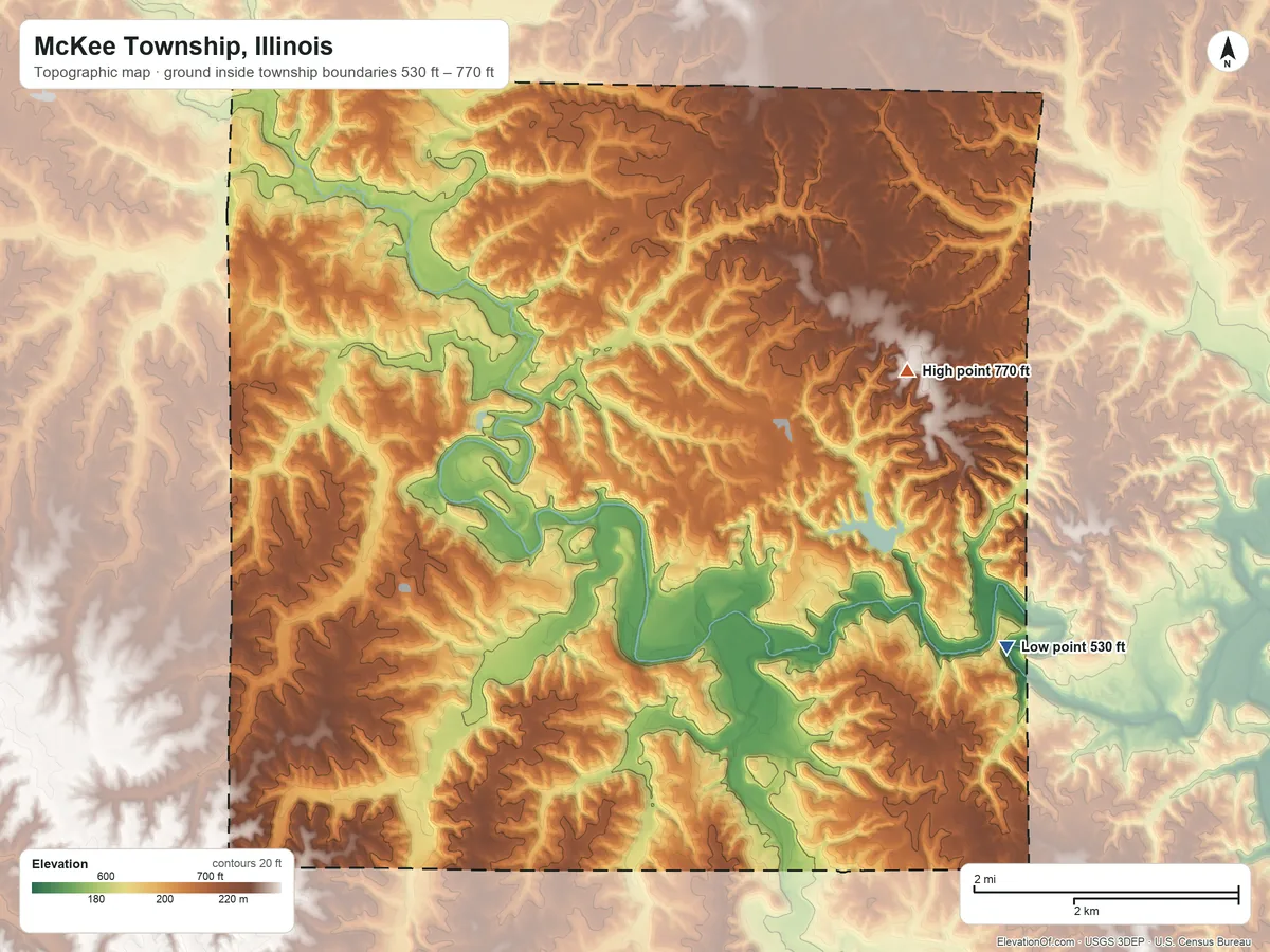 Topographic elevation map of McKee Township, Illinois, shaded from 530 ft on the southeast side to 770 ft on the east side