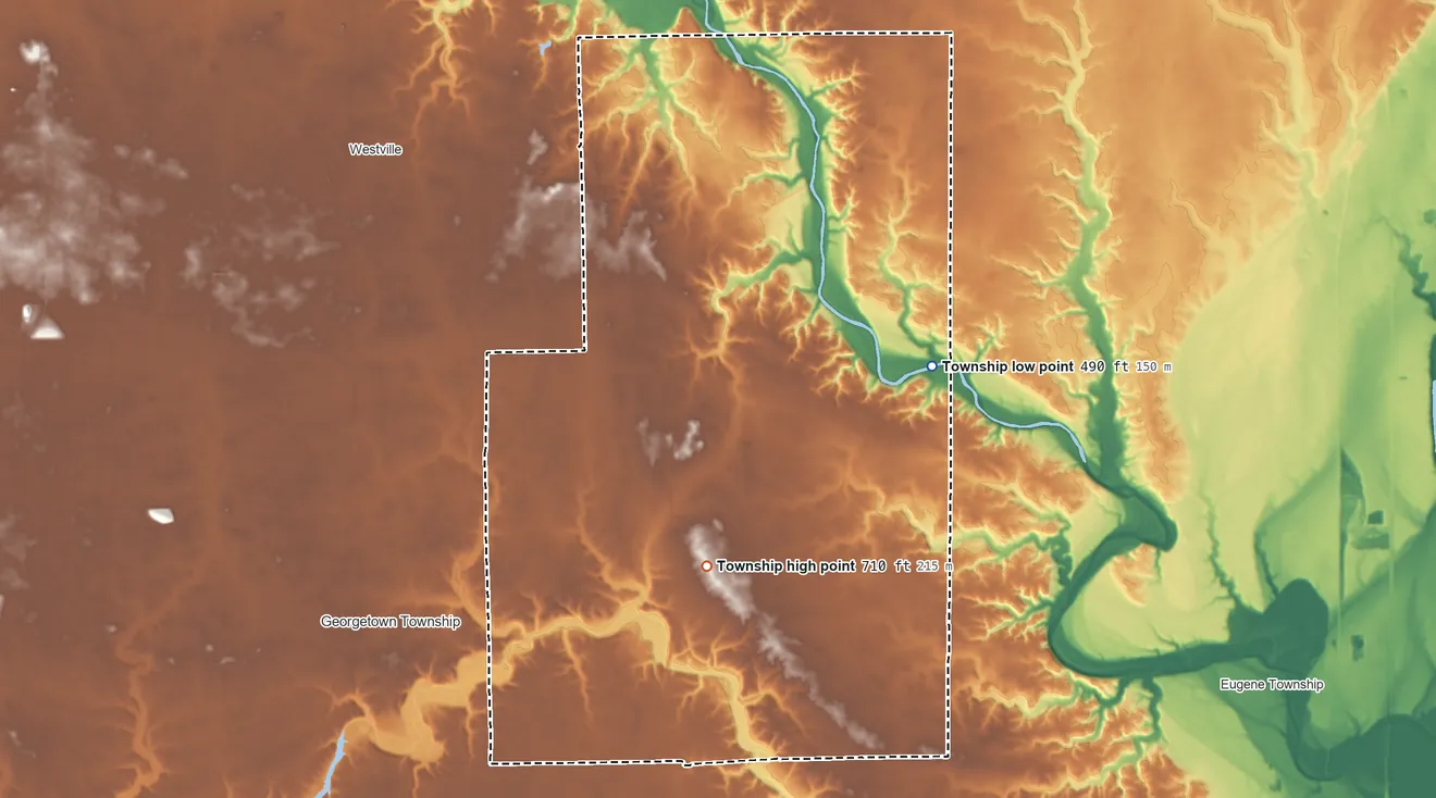 Topographic elevation map of McKendree Township, Illinois, shaded from 490 ft on the east side to 710 ft on the south side