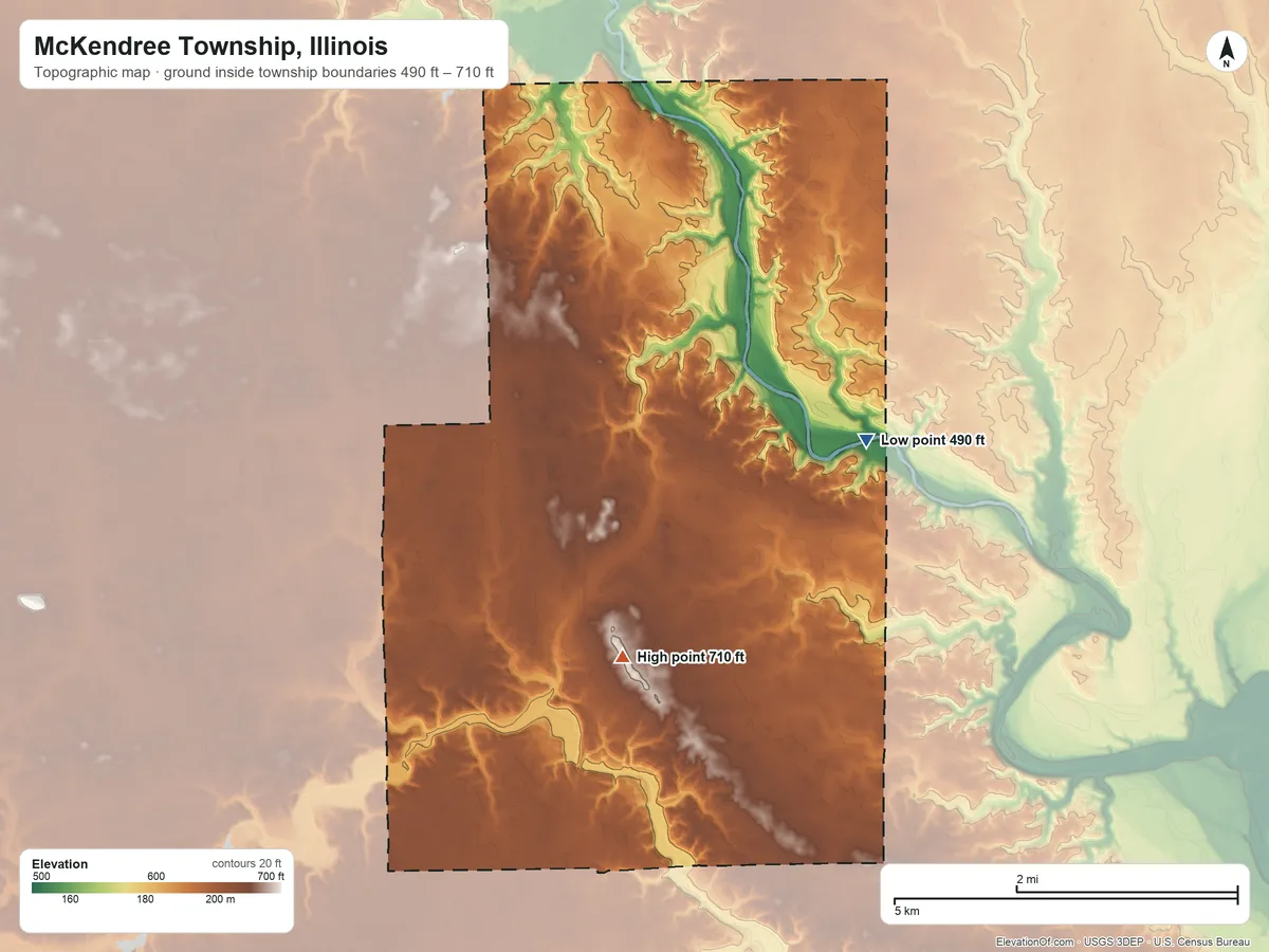 Topographic elevation map of McKendree Township, Illinois, shaded from 490 ft on the east side to 710 ft on the south side