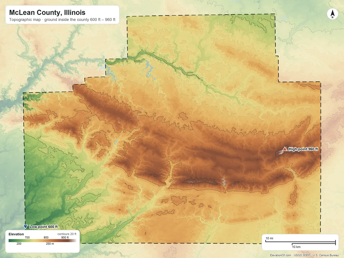 Topographic elevation map of McLean County, Illinois, shaded from 600 ft on the southwest side to 960 ft on the east side