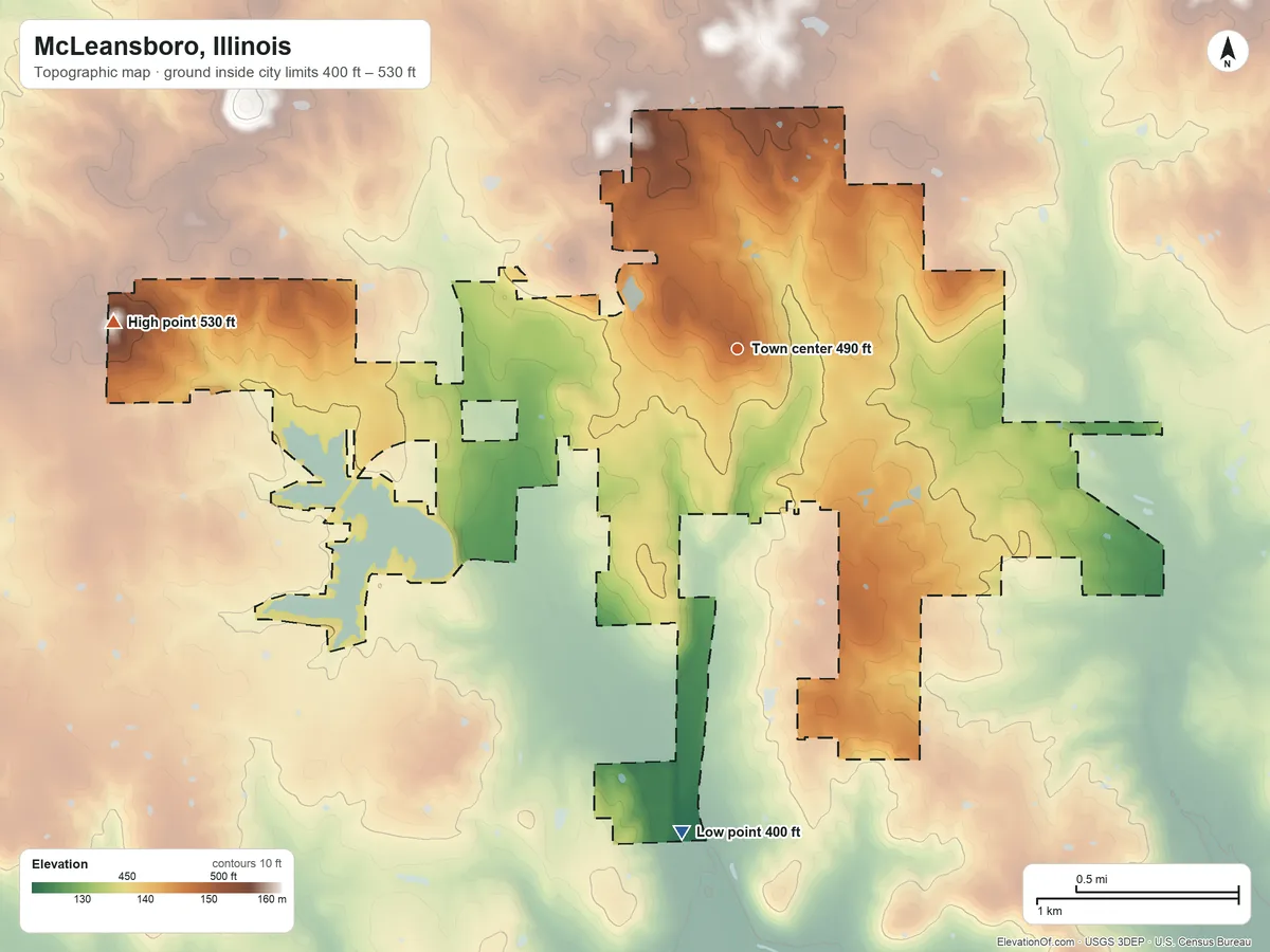 Topographic elevation map of McLeansboro, Illinois, shaded from 400 ft on the south side to 530 ft on the west side