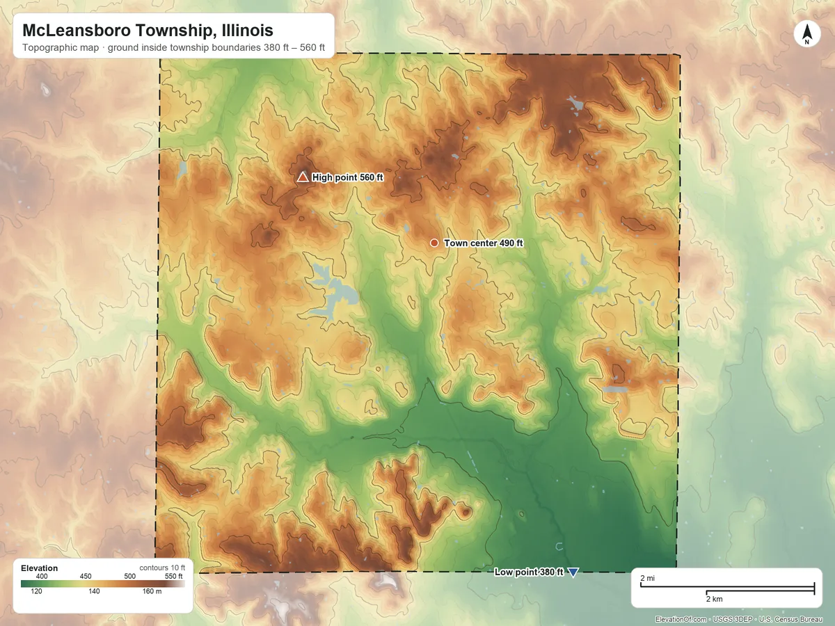 Topographic elevation map of McLeansboro Township, Illinois, shaded from 380 ft on the southeast side to 560 ft on Radio Hill