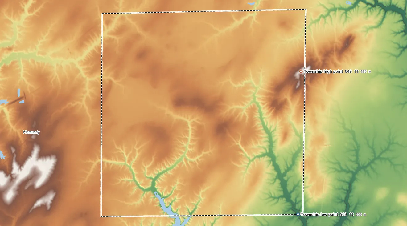 Topographic elevation map of Meacham Township, Illinois, shaded from 500 ft on the southeast side to 640 ft on the northeast side