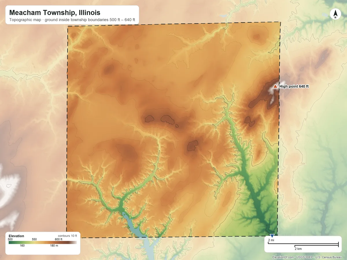 Topographic elevation map of Meacham Township, Illinois, shaded from 500 ft on the southeast side to 640 ft on the northeast side