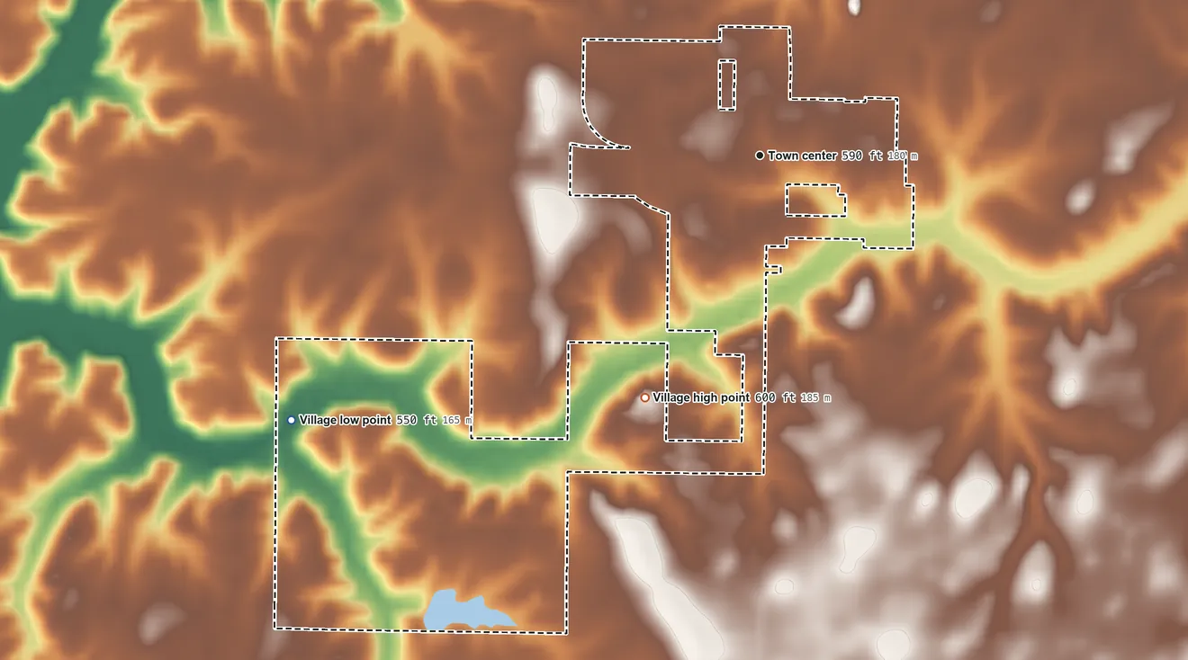 Topographic elevation map of Mechanicsburg, Illinois, shaded from 550 ft on the southwest side to 600 ft on the southwest side