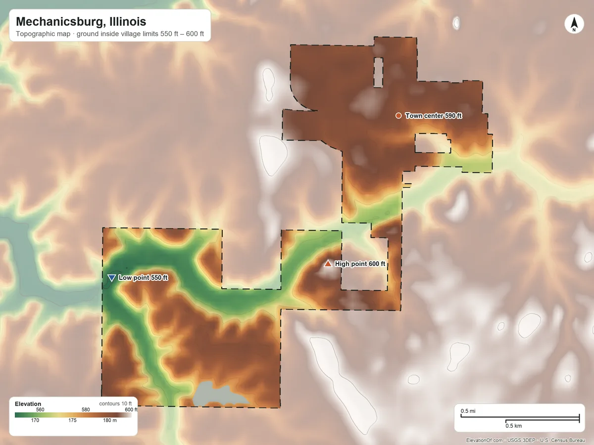 Topographic elevation map of Mechanicsburg, Illinois, shaded from 550 ft on the southwest side to 600 ft on the southwest side