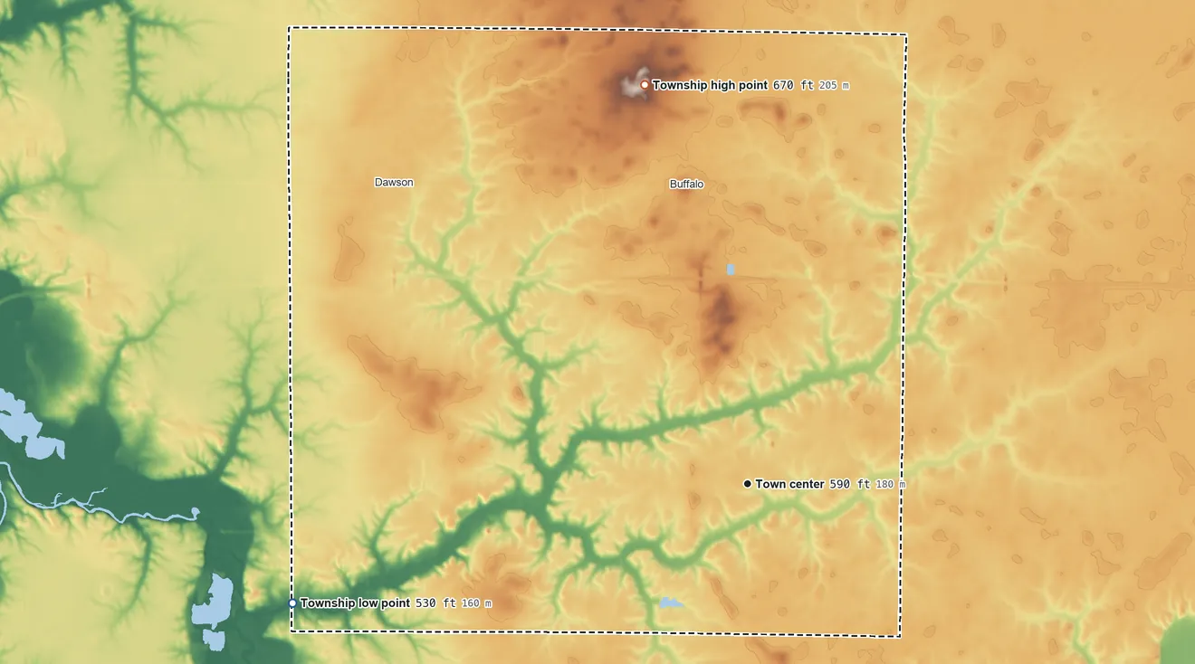 Topographic elevation map of Mechanicsburg Township, Illinois, shaded from 530 ft on the west side to 670 ft on the north side