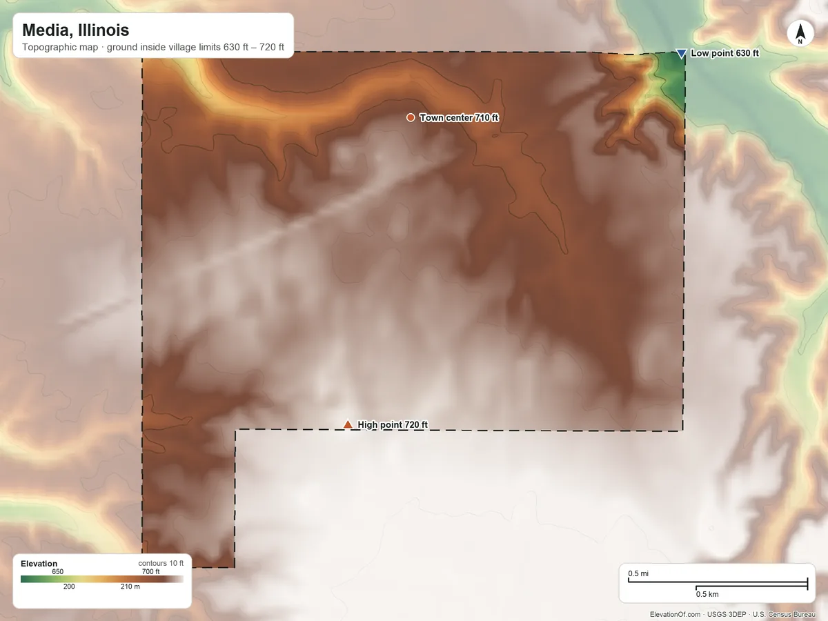 Topographic elevation map of Media, Illinois, shaded from 630 ft on the east side to 720 ft on the south side