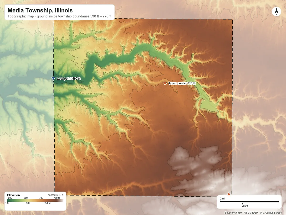 Topographic elevation map of Media Township, Illinois, shaded from 590 ft on the west side to 770 ft on the southeast side