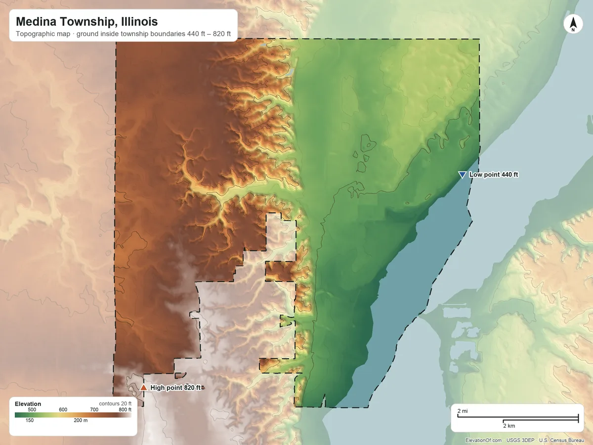 Topographic elevation map of Medina Township, Illinois, shaded from 440 ft on the east side to 820 ft on the southwest side
