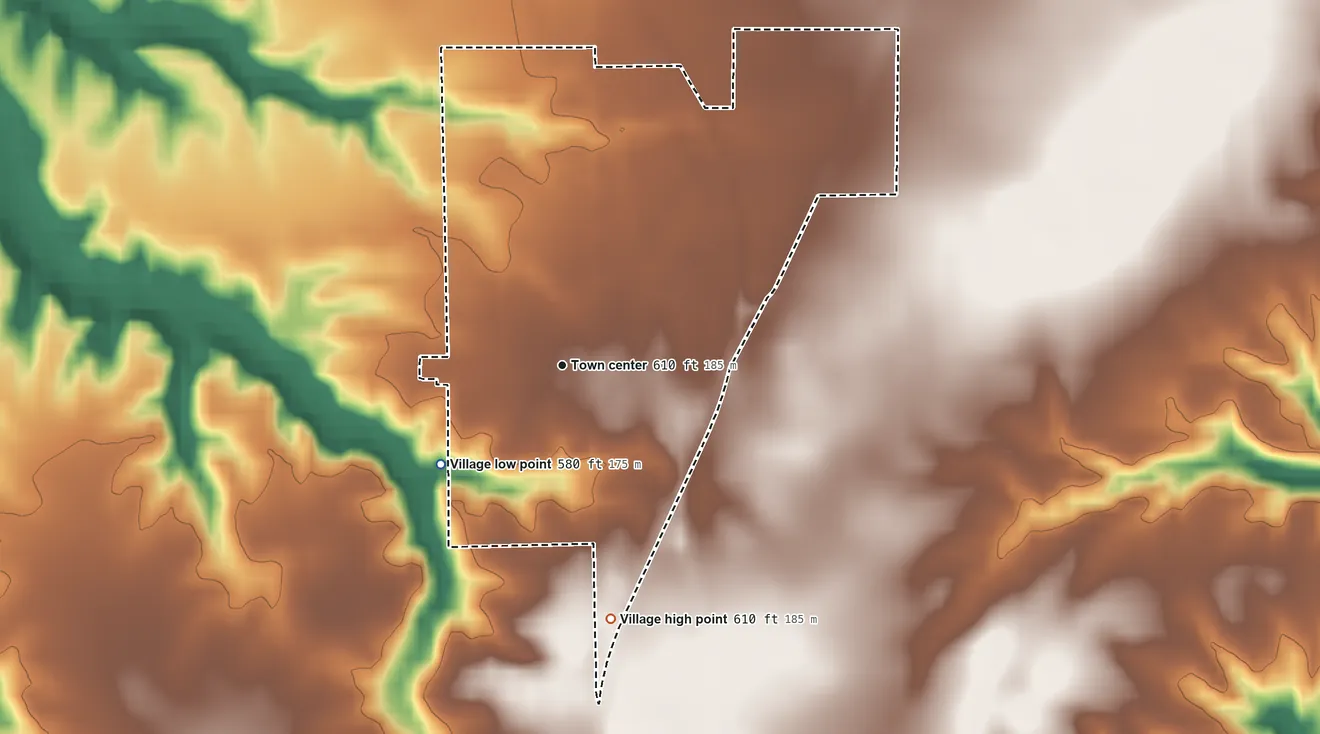 Topographic elevation map of Medora, Illinois, shaded from 580 ft on the southwest side to 610 ft on the south side