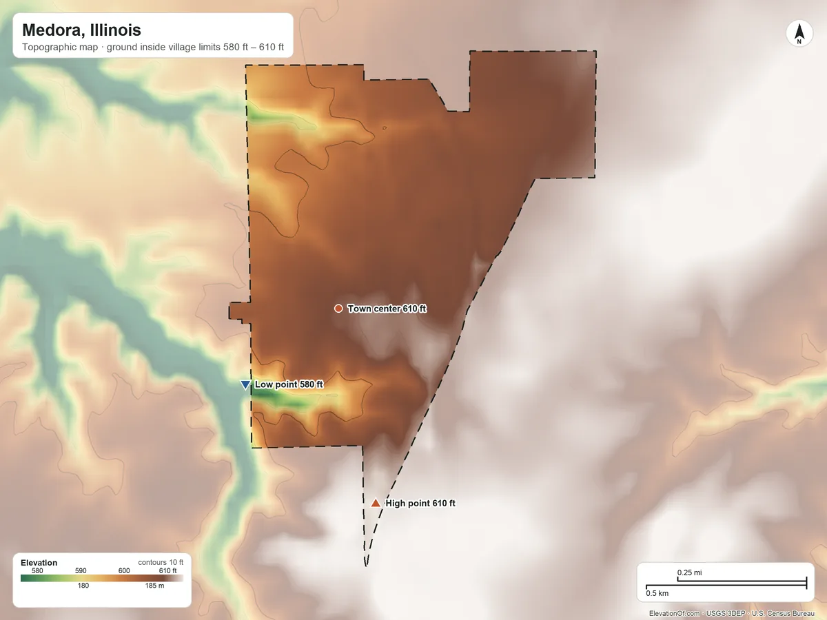 Topographic elevation map of Medora, Illinois, shaded from 580 ft on the southwest side to 610 ft on the south side