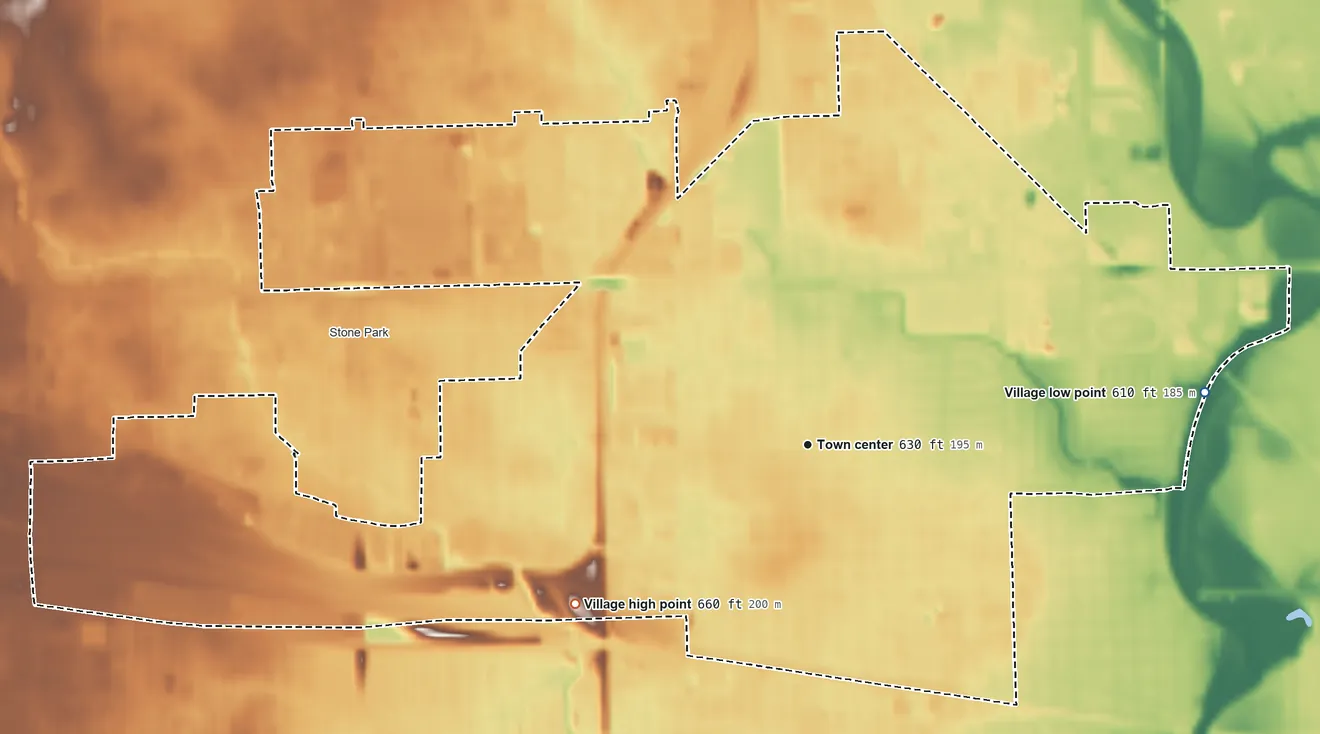 Topographic elevation map of Melrose Park, Illinois, shaded from 610 ft on the east side to 660 ft on the southwest side