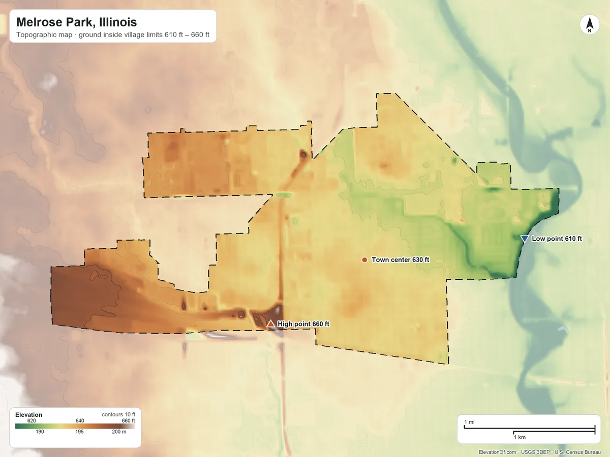 Topographic elevation map of Melrose Park, Illinois, shaded from 610 ft on the east side to 660 ft on the southwest side