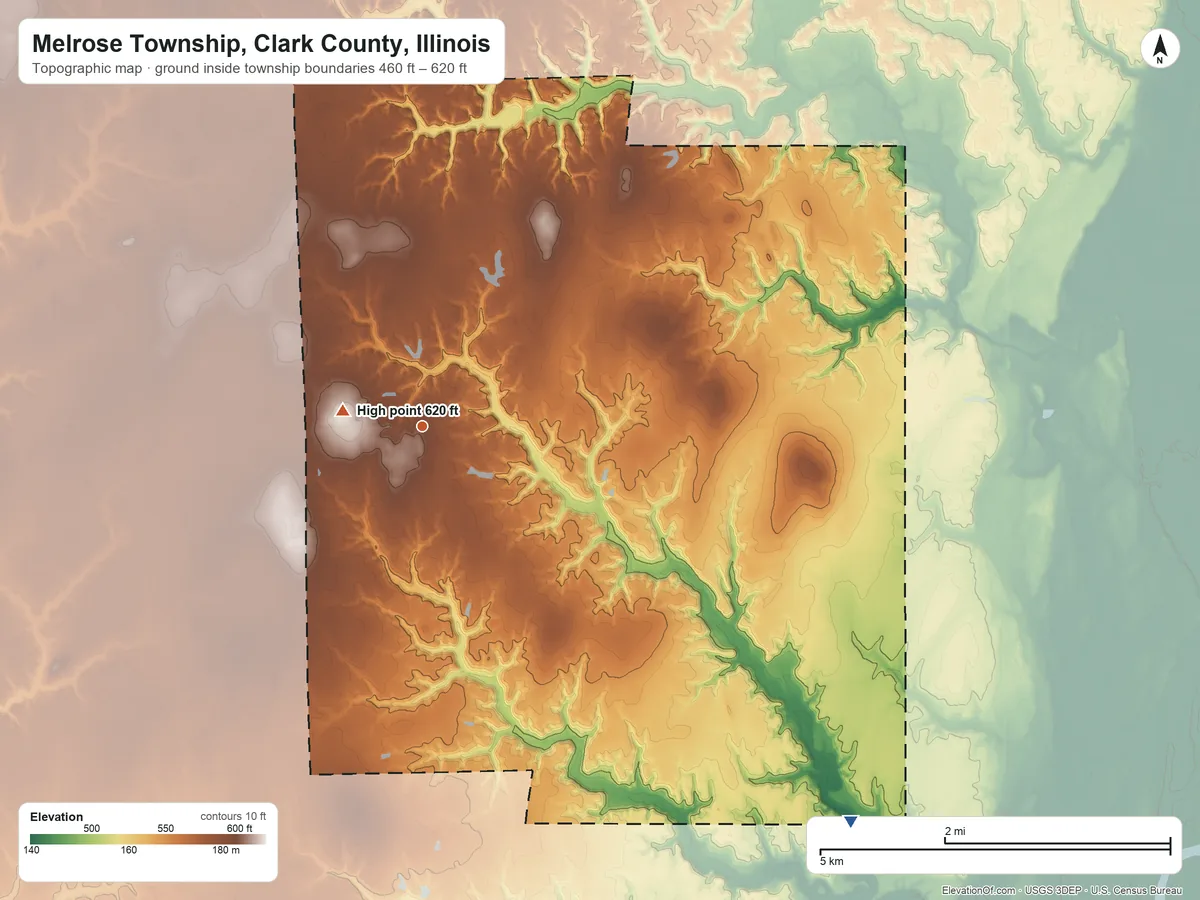 Topographic elevation map of Melrose Township, Clark County, Illinois, shaded from 460 ft on the southeast side to 620 ft near the middle
