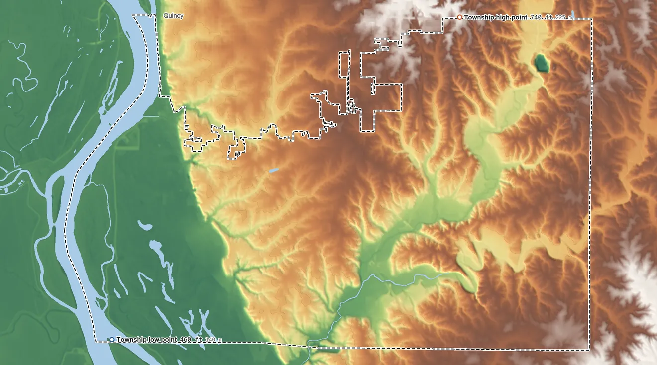 Topographic elevation map of Melrose Township, Illinois, shaded from 460 ft on the southwest side to 740 ft on the northeast side