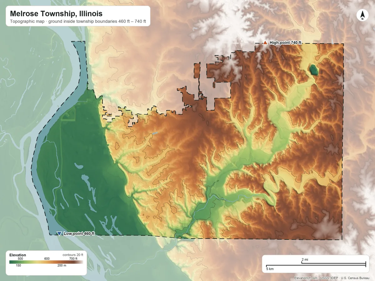 Topographic elevation map of Melrose Township, Illinois, shaded from 460 ft on the southwest side to 740 ft on the northeast side