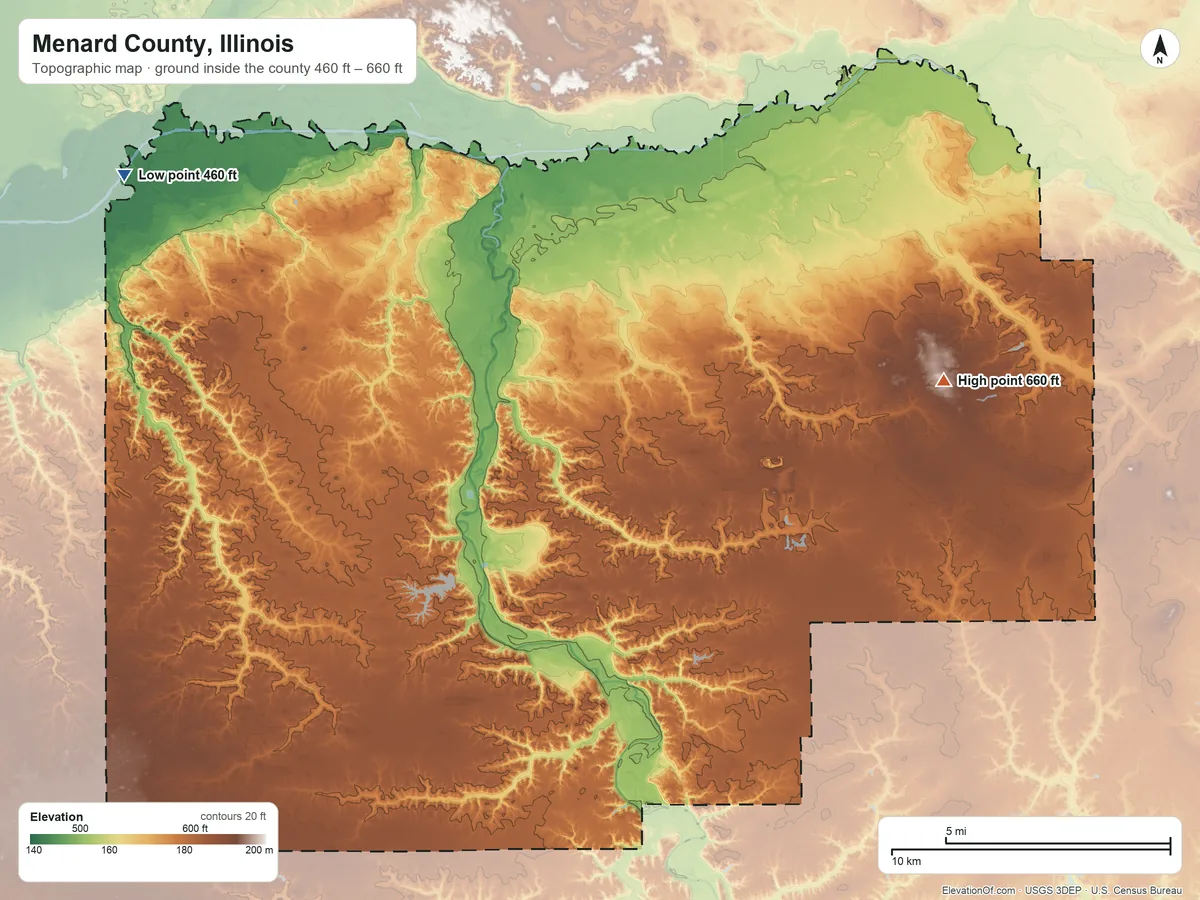 Topographic elevation map of Menard County, Illinois, shaded from 460 ft on the northwest side to 660 ft on the east side