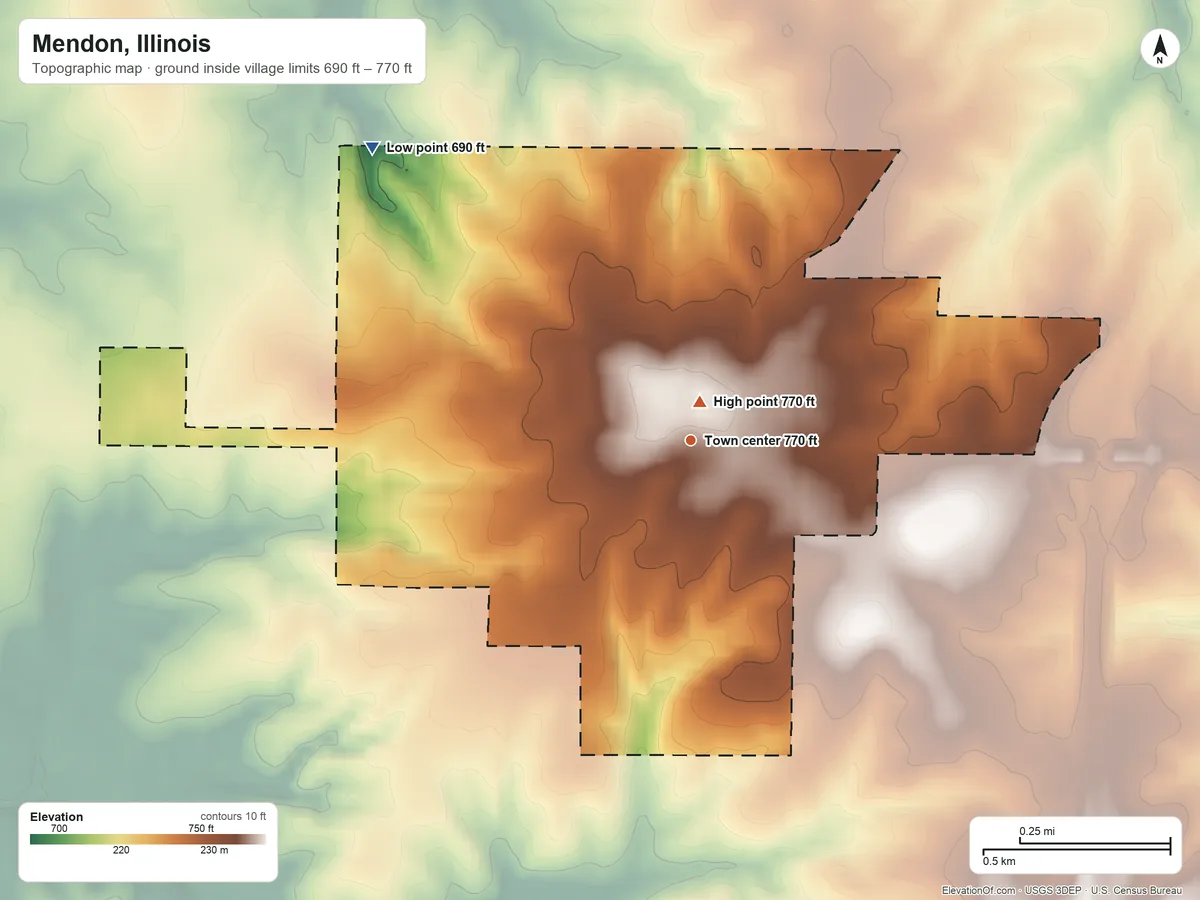 Topographic elevation map of Mendon, Illinois, shaded from 690 ft on the northwest side to 770 ft near the middle