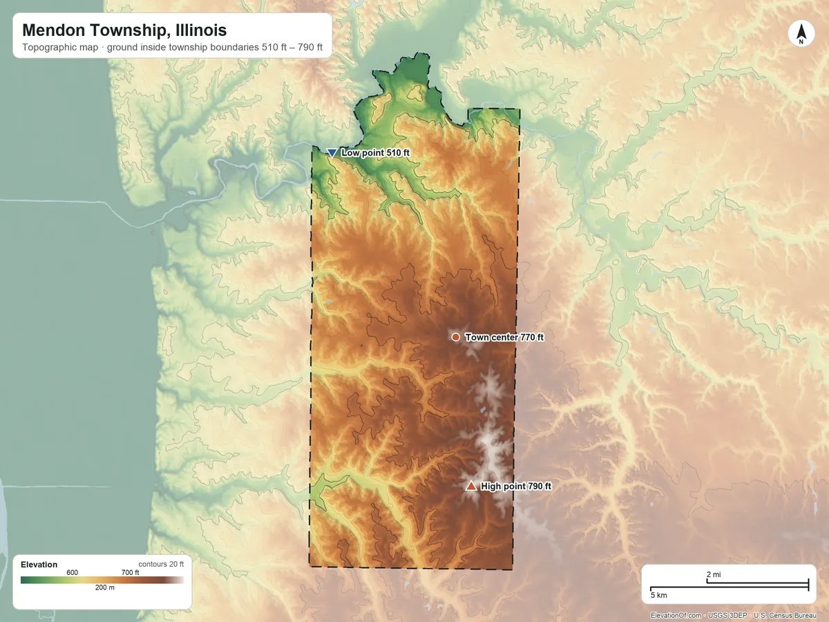 Topographic elevation map of Mendon Township, Illinois, shaded from 510 ft on the northwest side to 790 ft on the south side