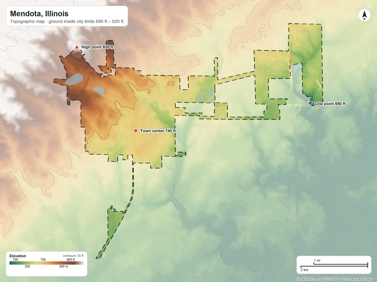 Topographic elevation map of Mendota, Illinois, shaded from 690 ft on the east side to 820 ft on the northwest side