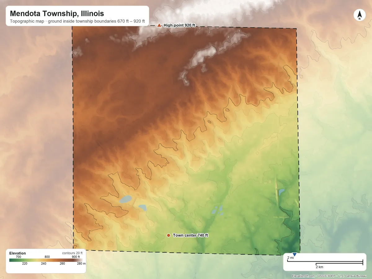 Topographic elevation map of Mendota Township, Illinois, shaded from 670 ft on the east side to 920 ft on the north side