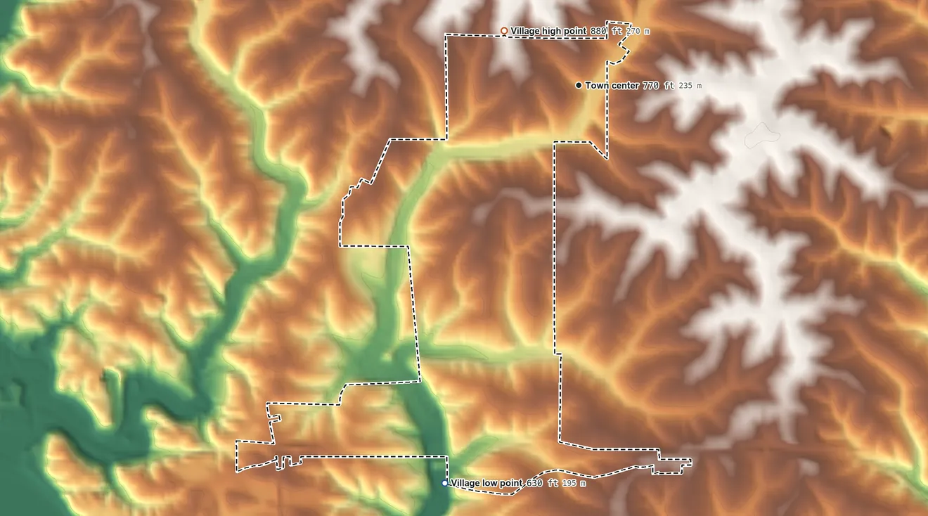 Topographic elevation map of Menominee, Illinois, shaded from 630 ft on the south side to 880 ft on the northwest side