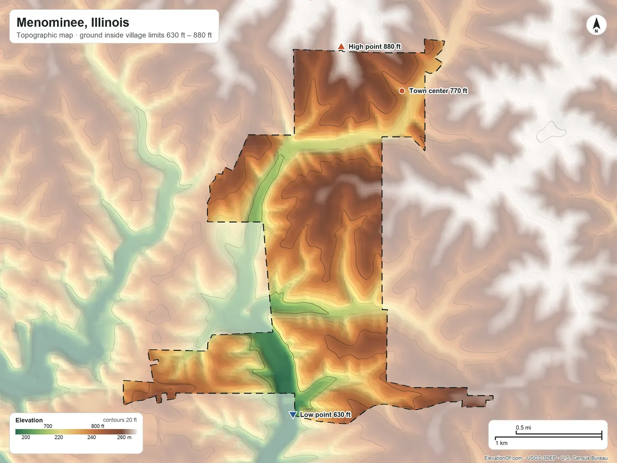 Topographic elevation map of Menominee, Illinois, shaded from 630 ft on the south side to 880 ft on the northwest side