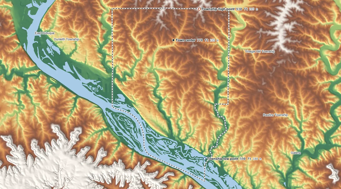Topographic elevation map of Menominee Township, Illinois, shaded from 590 ft on the south side to 930 ft on the northeast side