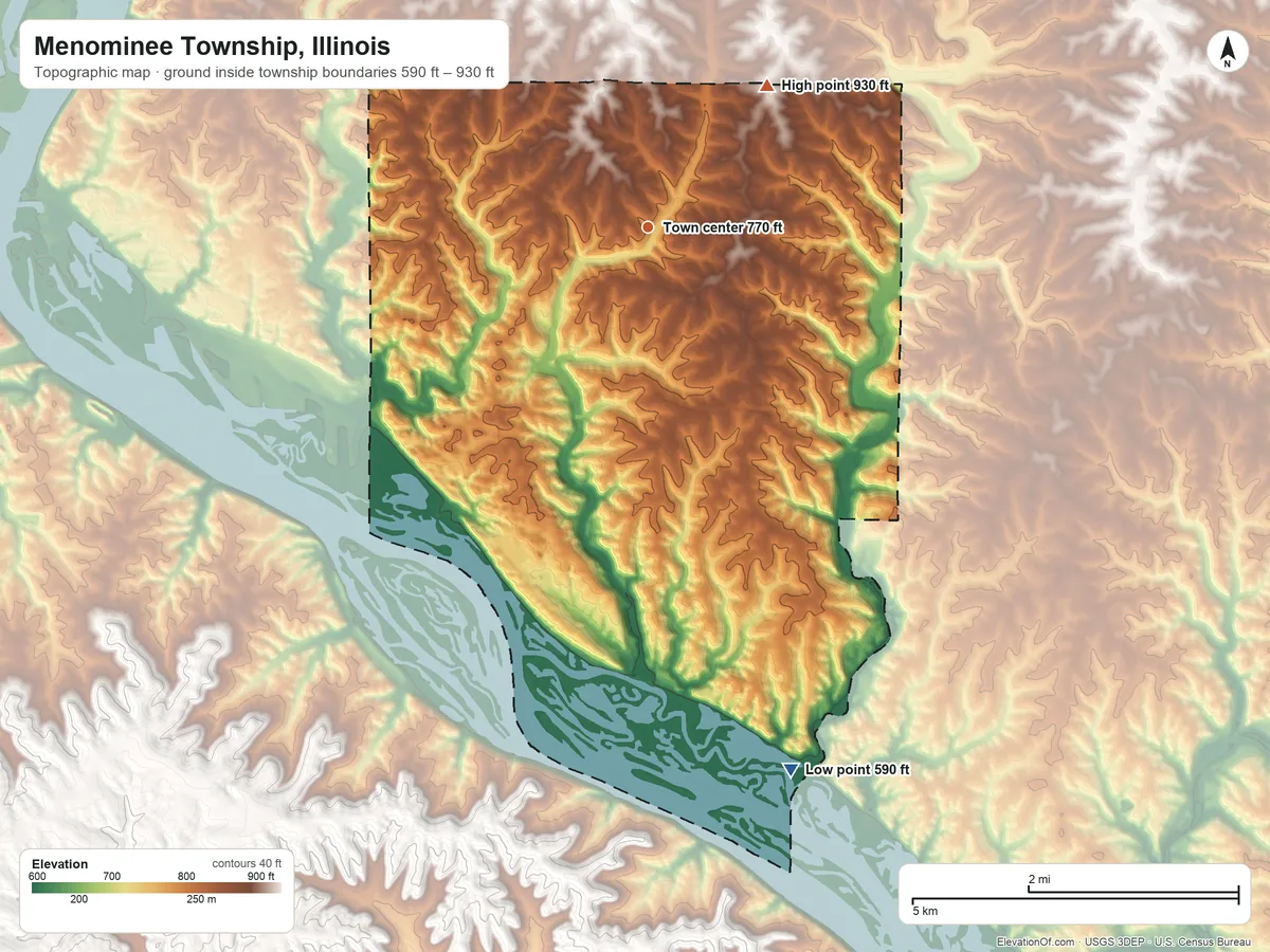 Topographic elevation map of Menominee Township, Illinois, shaded from 590 ft on the south side to 930 ft on the northeast side