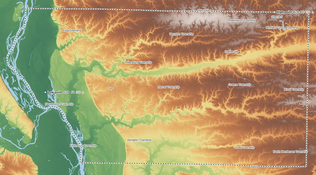 Topographic elevation map of Mercer County, Illinois, shaded from 520 ft on the west side to 820 ft on the northeast side