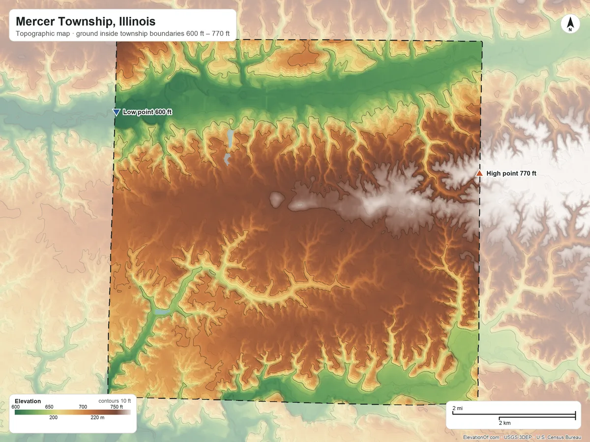 Topographic elevation map of Mercer Township, Illinois, shaded from 600 ft on the northwest side to 770 ft on the east side