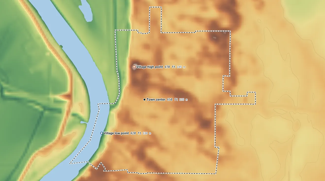 Topographic elevation map of Meredosia, Illinois, shaded from 420 ft on the southwest side to 470 ft on the north side
