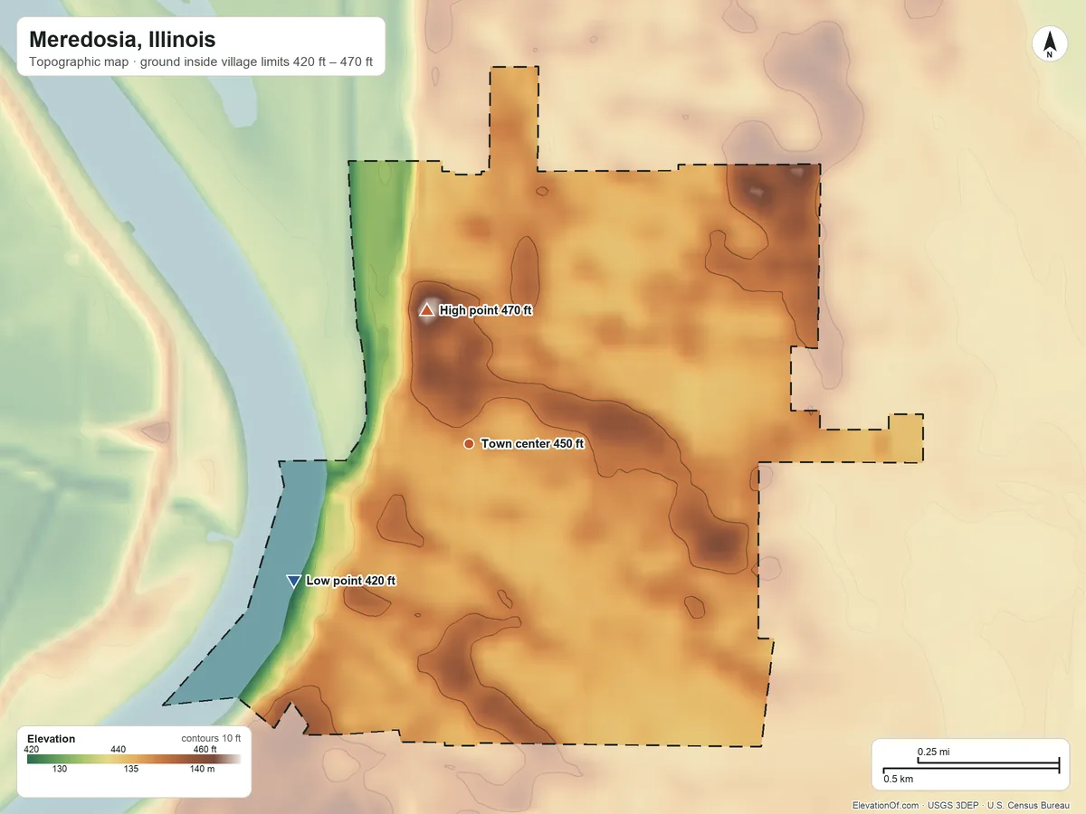 Topographic elevation map of Meredosia, Illinois, shaded from 420 ft on the southwest side to 470 ft on the north side