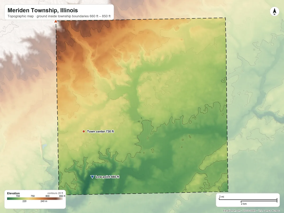 Topographic elevation map of Meriden Township, Illinois, shaded from 660 ft on the south side to 850 ft on the north side