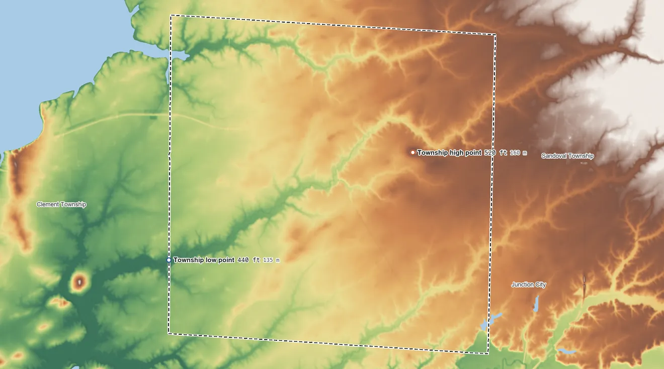 Topographic elevation map of Meridian Township, Illinois, shaded from 440 ft on the southwest side to 520 ft on the east side