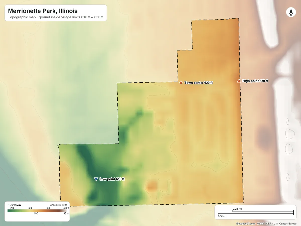 Topographic elevation map of Merrionette Park, Illinois, shaded from 610 ft on the southwest side to 630 ft on the east side