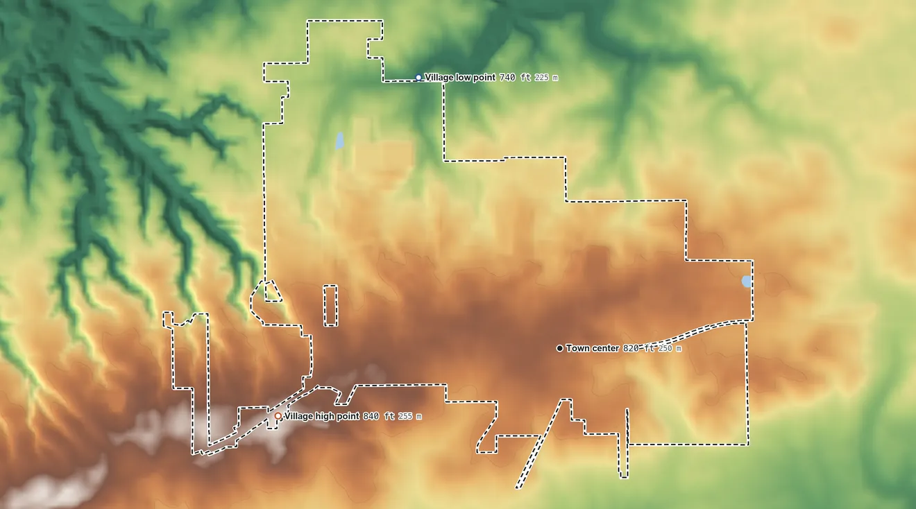 Topographic elevation map of Metamora, Illinois, shaded from 740 ft on the northwest side to 840 ft on the west side