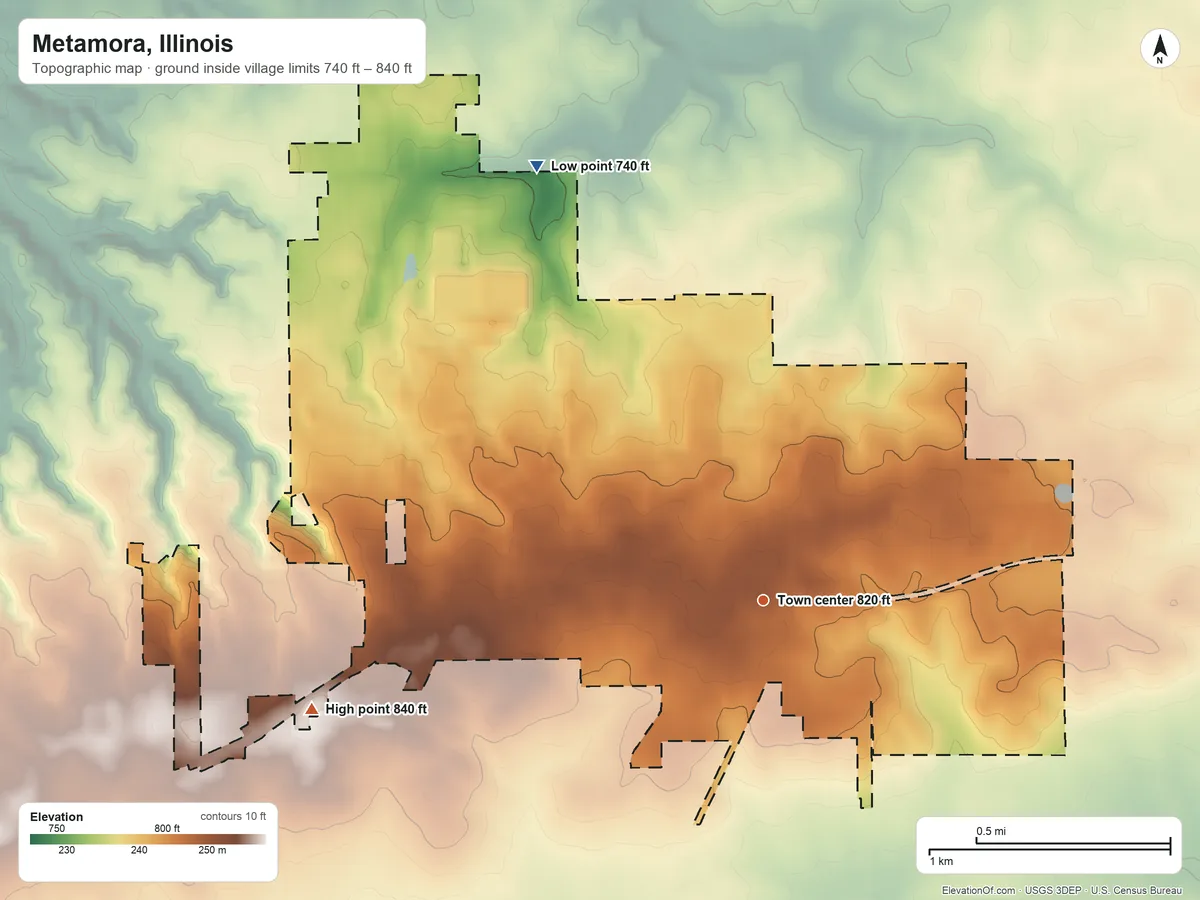 Topographic elevation map of Metamora, Illinois, shaded from 740 ft on the northwest side to 840 ft on the west side