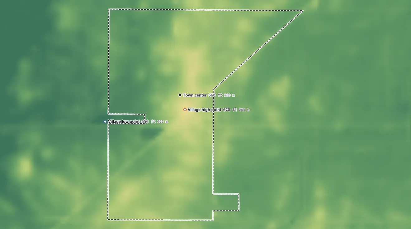 Topographic elevation map of Metcalf, Illinois, shaded from 650 ft on the west side to 670 ft near the middle