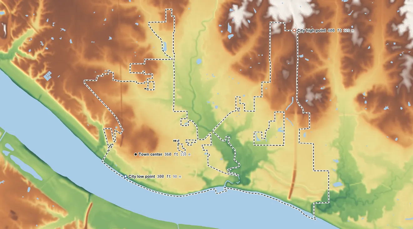 Topographic elevation map of Metropolis, Illinois, shaded from 300 ft near the middle to 400 ft on the northeast side